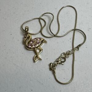 Gold Tone Necklace Pink Rhinestone Flamingo Pendant 10 1/2” Center Hung